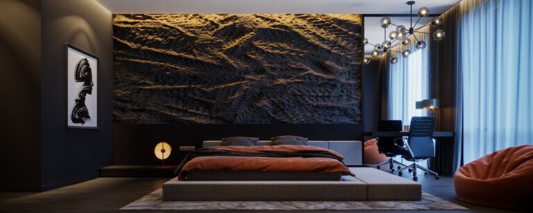 Sophisticated modern bedroom with unique lighting and artistic wall design, perfect for interior design inspiration.